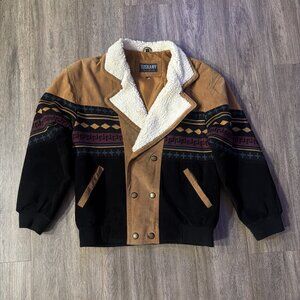 Vintage Tuskany Aztec Suede Bomber Jacket, Western Sherpa Lined Bomber Tan Small